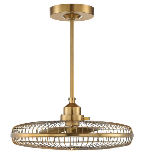 Industrial Cage Fandelier Ceiling Fan With Remote Control And Integrated Led Light Warm Brass Adjustable Stem hanging design.