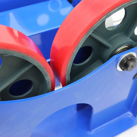 Beefy 110V Welding Tank Turning Rolls Linkage Roller With Rotary Positioner, Adjustable 0.8 To 32 Inch Diameter, 2200 Lb Capacity, PU Rollers For Welding Setup And Equipment Support close-up of red PU rollers