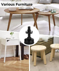 Various wooden furniture with a focus insert of a furniture leg, representing Twenty Pack Adjustable Furniture Leg Levelers With Felt Pads And T Nuts, Three Eighths Inch By Sixteen TPI Threaded Feet For Bar Stools, Tables And Cabinets, Heavy Duty Carbon Steel Build For Stable No Wobble Performance in use