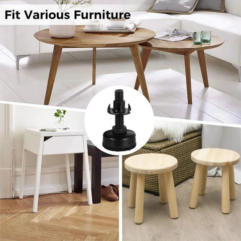 20 Pack Furniture Leg Levelers Set With 3/8-16 Threaded Adjustable Feet shown used on various furniture types