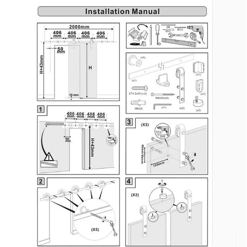 Installation manual for Bypass Sliding Barn Door Rail Hardware Kit for Double Doors Monorail System Glass Door Compatible