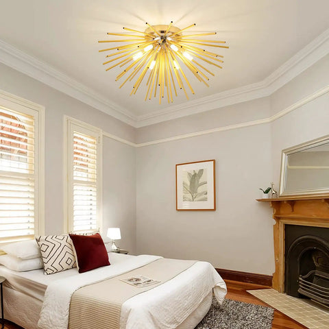 Bedroom with Six-Light Gold Firework Flush Mount Ceiling Light Fixture With G9 Socket, Modern Close-To-Ceiling Chandelier Look