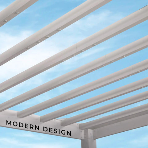 Windham 14 Ft By 12 Ft Modern Galvanized Steel Pergola Kit With Shade Sail Canopy, showing beams and clear blue sky backdrop.