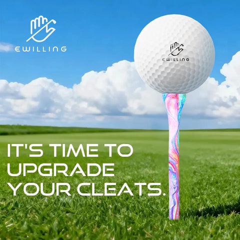 Golf ball on a multicolor bamboo tee on a course, Multicolor Golf Tees Set, Bamboo Wood 100 Pack With Mixed Sizes for long drives.