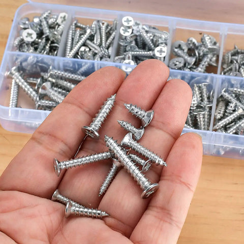 Hand holding 250G Self Tapping Screws Assortment Kit For Wood And Metal M3 M4 M5 with storage box in background
