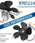 Direct Fit BP17 Range Hood Fan Motor Replacement For Nu-Tone 40000 42000 Series And Kenmore; motor, blade, bracket sizes shown