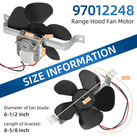 Direct Fit BP17 Range Hood Fan Motor Replacement For Nu-Tone 40000 42000 Series And Kenmore; motor, blade, bracket sizes shown