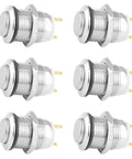 Six Pack 12mm Momentary Push Button Switches 2 Pin SPST 1NO Aluminum Alloy Round Shell IP66 Waterproof Panel Mount 12V 1A Silver