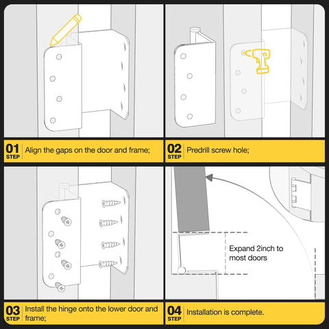 Diagram of installing Expandable Offset Door Hinge Set 4 Inch Ball Bearing Hinges With Five Eighth Inch Radius Swing Clear Adds 2 Inches