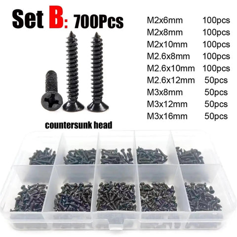 Flat Countersunk Head Self Tapping Handy All Purpose Wood Screw Set With Seven Sizes M1 M1.2 M1.4 M1.7 M2 M3 M4 Assortment Kit Set B