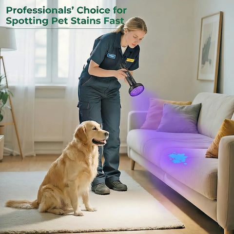 Woman using Powerful 100 LED UV Black Light Flashlight 395nm For Pet Urine Detection on couch with dog nearby