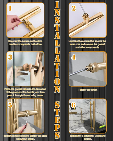 Titanium Gold Round Barn Door Handles Set installation steps for French and exterior shower doors, shows double-sided handle setup process.