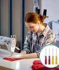 Woman using industrial sewing machine with inset image of Serger Screwdriver Set 1.5mm and 1.6mm Hex Head Tools for Industrial Overlock Sewing Machines Pro Grade Heavy Duty Build Works With Singer Brother Janome Juki Babylock Elna Kenmore White New Home and More Durable Steel Precision.