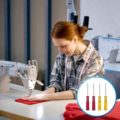 Woman using industrial sewing machine with inset image of Serger Screwdriver Set 1.5mm and 1.6mm Hex Head Tools for Industrial Overlock Sewing Machines Pro Grade Heavy Duty Build Works With Singer Brother Janome Juki Babylock Elna Kenmore White New Home and More Durable Steel Precision.