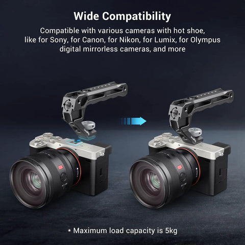 Lightweight Top Handle Grip For DSLR Camera Cage Universal Cold Shoe Base With Five Adapters on camera demonstration