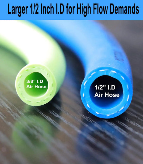 Close-up of 1/2-inch and 3/8-inch I.D. hybrid air hoses, showing high flow demand size, blue and green colors.