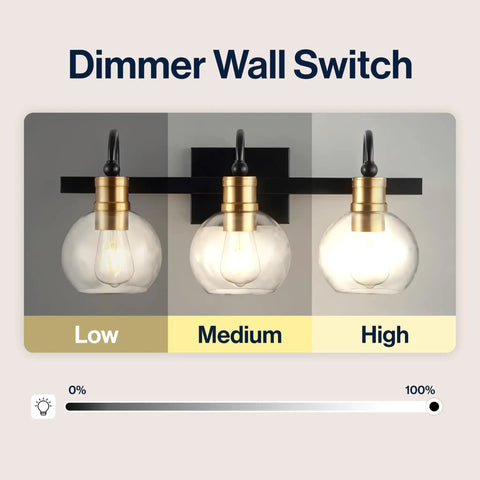 21.5 Inch Black And Brass Gold Vintage Wall Sconce With Clear Glass Globe Shade Sleek Industrial Arched LED Vanity Light Dimmer Switch