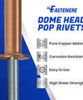 Rock Solid Copper Pop Rivets 1/8 X 3/8 100 Pack Dome Head Blind Rivets with pure copper material and corrosion resistance.