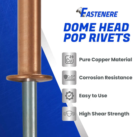 Rock Solid Copper Pop Rivets 1/8 X 3/8 100 Pack Dome Head Blind Rivets with pure copper material and corrosion resistance.