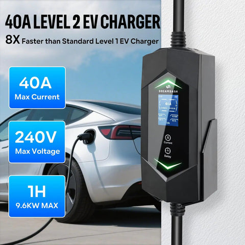 Top Tier Level Two EV Charger With NACS Connector And NEMA 14-50 Plug For Tesla And All Electric Vehicles 40 Amp 9.6 kW wall mount with cable.
