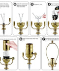 Assembly steps of Top Shelf Lamp Making Kit Featuring Extra Long Twelve Foot Cord And Slick Gold Socket Hardware.