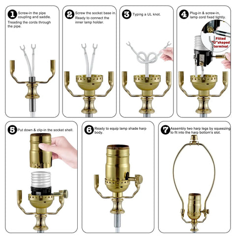 Assembly steps of Top Shelf Lamp Making Kit Featuring Extra Long Twelve Foot Cord And Slick Gold Socket Hardware.