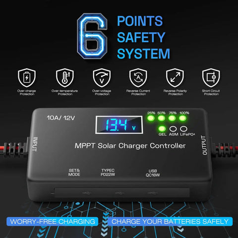 MPPT Solar Charge Controller 12V 10A With LCD Display Type C And USB Ports Real Time Maximum Power Point Tracking on black background