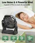 Portable Camping Fan With Led Lights And 20000mAh Battery, Rechargeable, 270 Degree Rotation, on tabletop near sleeping person