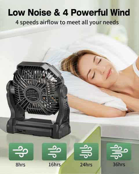 Portable Camping Fan With Led Lights And 20000mAh Battery, Rechargeable, 270 Degree Rotation, on tabletop near sleeping person