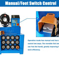 Heavy Duty Hydraulic Hose Crimping Machine Badass Vertical Electric Press With Hella Precise Foot Pedal Control showing control panel and foot switch.