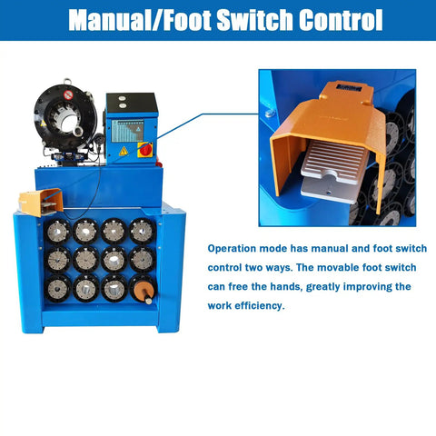 Heavy Duty Hydraulic Hose Crimping Machine Badass Vertical Electric Press With Hella Precise Foot Pedal Control showing control panel and foot switch.