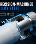 Real Deal Three Piece PVC Pipe Threader Kit With Internal And External Thread Cutter For 1/2 3/4 1 Inch Plastic Pipes Drill Ready No Sweat Plumbing Tools, precision machined alloy steel with sharp cutting edges.