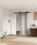 Room with 6.6 Foot Sliding Barn Door Hardware Kit With Upgraded Two Point Screw Fixation Modular Track Heavy Duty For Single Door 36 To 40 Inches Wide Smooth Quiet Sliding And Easy To Install, mounted on light gray door.
