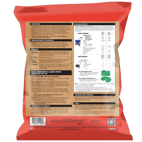 Back view of Natural Grub And Insect Control For Lawns That Kills And Repels Over 10 Lawn Pests Including Grubs Ants Chinch Bugs Ticks And Fleas While Keeping Bees Butterflies Ladybugs And Earthworms Safe For A Coverage Up To 5,000 Sq Ft Of Lawn package showing instructions and ingredients.