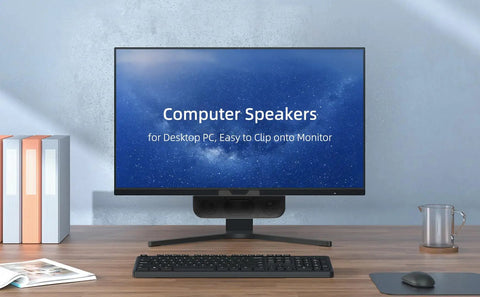 Plug And Play USB Computer Speakers For Desktop PC And Laptop Tiny Monitor Soundbar With Deep Bass mounted on monitor