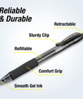 No Mess Smooth Writing Gel Pens Fine Point 0.7mm Black Ink 12 Pack Long Lasting Office Supplies For Note Taking displayed with features labeled.