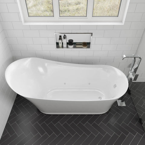 Bathroom with sleek tub and Polished Stainless Steel Horizontal Bath And Shower Niche 24 X 12, Fully Finished, Ready To Mount above tub.