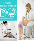 Woman using a Shower Stool For Inside Bath Small Adjustable Plastic Round Non Slip Tub Seat Chair Waterproof Tub Bench For Elderly And Seniors Safe Bathing And Independence In The Shower Comfy And Easy To Use in a bathroom setting.