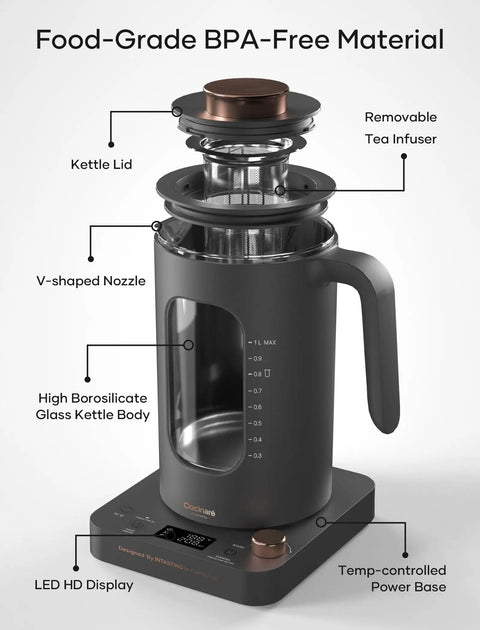 Electric Tea Kettle With Tea Infuser, One Degree Fahrenheit Precision, 1200W Rapid Heating, BPA Free Glass, 1 Liter Capacity, Dark Gray Finish