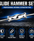 Slide Hammer Bearing Puller Kit With Adapters For Blind Hole And Needle Bearings, heavy-duty steel tool with icons and features.