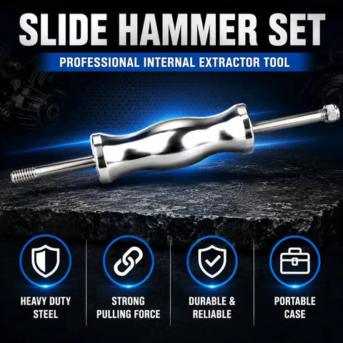 Slide Hammer Bearing Puller Kit With Adapters For Blind Hole And Needle Bearings, heavy-duty steel tool with icons and features.