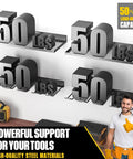Power Tool Organizer Wall Mount Heavy Duty Cordless Drill Holder And Battery Shelf Metal Garage Storage Rack With Eight Drill Slots And Two Shelves For Tidy Clutter Free Workshop showcasing 50 lbs capacity and steel materials.