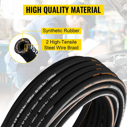Hydraulic Hose Three Eighths Inch By One Hundred Feet Coiled, 4800 PSI, Dual High Tensile Steel Wire Braid, Flexible Bulk Rubber Oil Hose
