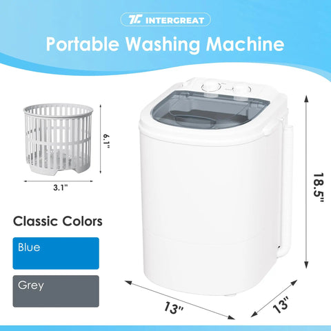 Heavy Duty Portable Washing Machine With 5.5 Pound Capacity And Quick 110V Spin Cycle Super Easy Space Saving Laundry Lifesaver For Tiny Apartments Dorms RV And Road Trips Grey beside a laundry basket.