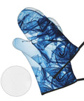 Rock Your Kitchen With These Cool Abstract Blue Fluid Shapes Oven Mitts And Pot Holders Set Of 4 showing a blue abstract oven mitt with silicone grip.