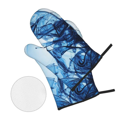 Rock Your Kitchen With These Cool Abstract Blue Fluid Shapes Oven Mitts And Pot Holders Set Of 4 showing a blue abstract oven mitt with silicone grip.