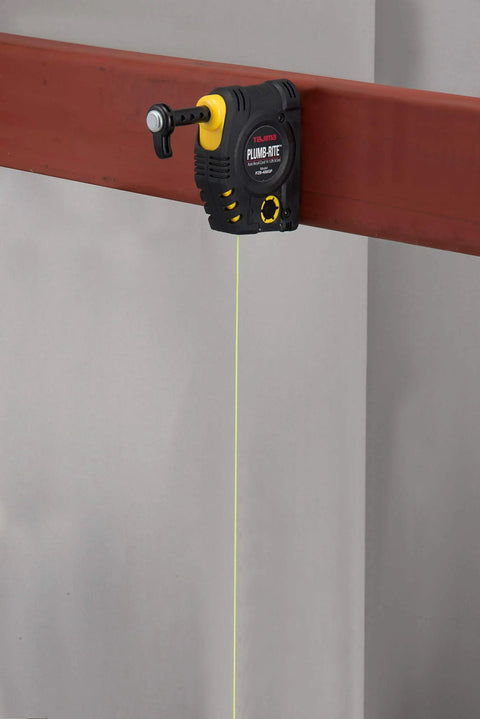 Magnetic Plumb Bob Setter 14 Ounce With Quick Stabilization Self Retracting 14.5 Foot Line attached to red steel beam