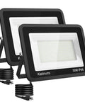 Two black 50W LED flood lights with IP66 rating, front view with coils of wiring and US plugs.