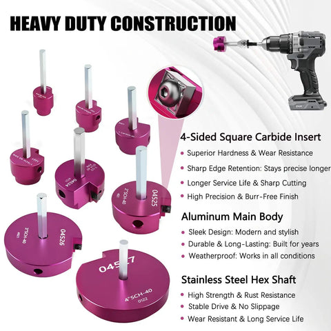 Eight Piece PVC Pipe Reamer Kit With Carbide Tips And Beefy Aluminum Body Fits SCH 40 PVC CPVC ABS Pipes shown with drill