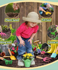 Child gardening with Kids Beach Toy Kit With Scoop Spade Rake Hoe And Leaf Rake Stainless Steel Durable Sandbox Shovel Set.